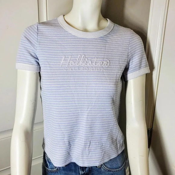 Hollister Ribbed Blue and White Cropped Striped T-Shirt Juniors Size XL - Picture 2 of 15